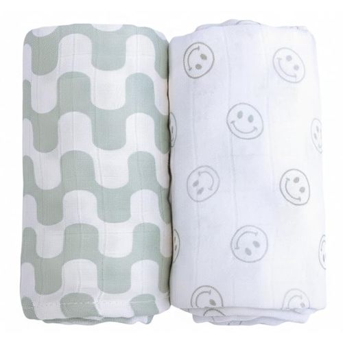 Muslin Swaddle Blankets - Set of 2 Gender Neutral Patterns- Large 47"x47",Organic Cotton & Viscose from Bamboo, Extra Soft Newborn Swaddles, Baby Shower for Boys & Girls (Green Waves & Smileys)