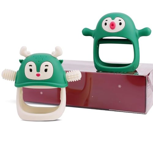 Smily Mia Baby Christmas Stocking Stuffers, Baby Teething Toys丨Penguin Teether for 0-6M, Reindeer Chew Toys for 3-6M,Teething Mittens for 6-12M Babies, My First Christmas Gift, Pine Green