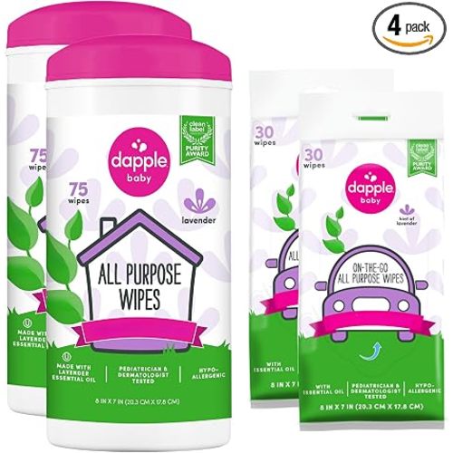 Dapple Baby All Purpose Cleaning Wipes - (2 Pack) 75 Count Canisters + (2 Pack) 30 Count Pouches - Plant-Powered & Hypoallergenic - Lavender Scent - Baby Essentials