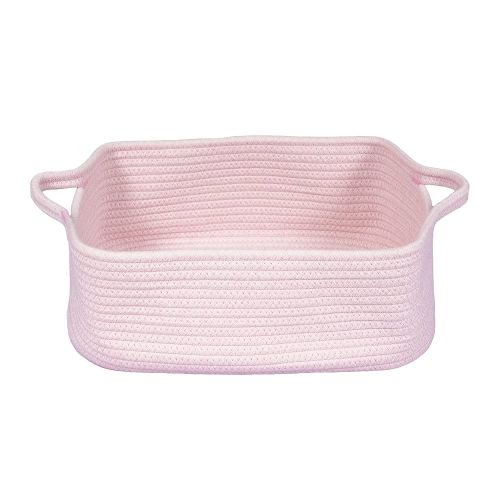 Woven Cotton Rope Storage Basket with Handles for Organizing Shelves Closet Small Cat Dog Pet Toy Baskets Box Bin Decorative Rectangle Baby Nursery basket Gift Basket Empty Light pink