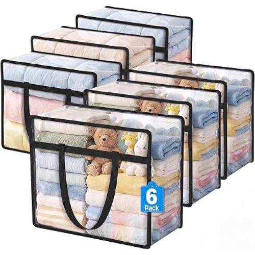 Budding Joy 6 Pack Clear Zippered Storage Bags for Clothes,40L Closet Organizers and Storage Containers Vinyl Moving Bag for Bedding, Linen, Blankets, Comforters, Clothing & Toys, Black