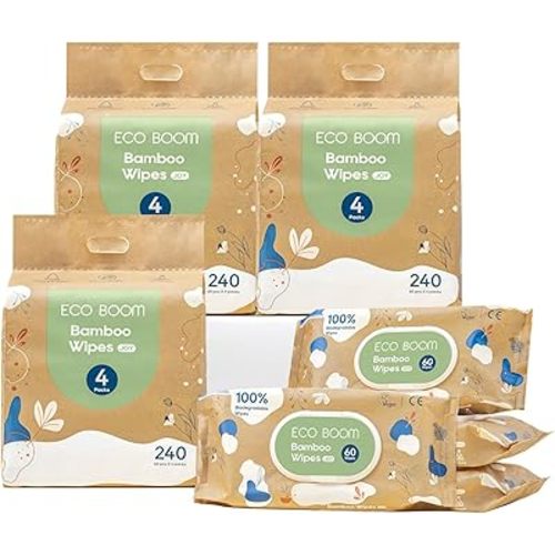 ECO BOOM bamboo Baby Wipes | natural | 100% Plant-Based | Unscented & Hypoallergenic for Sensitive Skin | 99% Water | 16 Pack, 960 Count Bulk Buy
