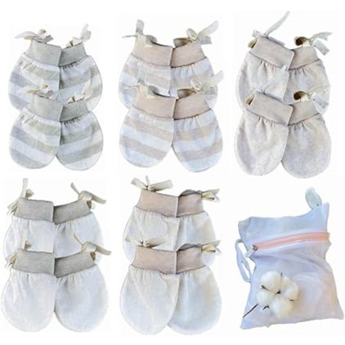SANCNEE Organic Natural Colored Cotton Mittens for Newborns -No Scratch Mittens Stay On, 10 Pairs Boys Girls 0-6 Months