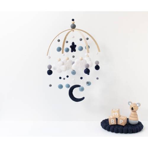 Navy Blue and Grey Boy Baby Mobile - Moon and Clouds and Star Crib Mobile - Felt Pom Pom Cot Mobile - Minimalist Space Nursery Decoration