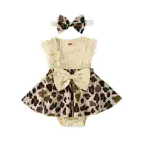 Qtinghua Newborn Baby Girl Romper Dress Leopard Print Lace Ruffled Jumpsuit with Headband Summer Clothes