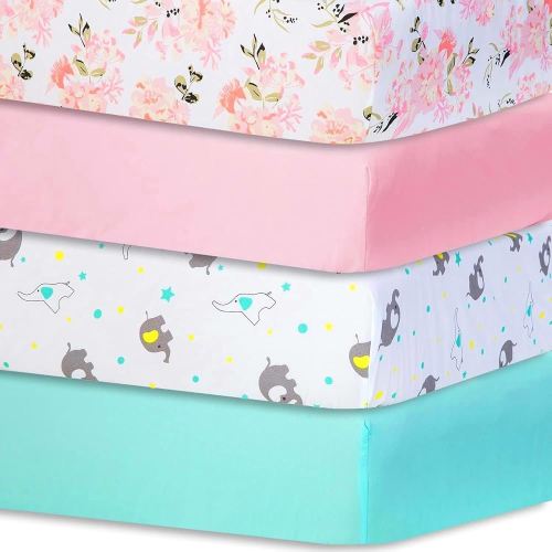 Bimocosy Crib Sheets 4pk, Size 28"x 52" for Standard Crib and Toddler Mattresses, Breathable Microfiber Crib Mattress Sheet, Floral/Ele/Pink/Green