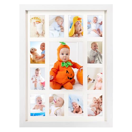 GMFrames Baby First Years Photo Frames 12 Month Picture Frame School Years Graduation Photo Collage White Frame with Mat, Displays One 5x7 Photo and Twelve 2.5x3.5 Pictures