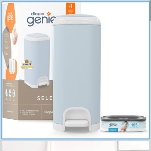 Diaper Genie Select Pail (Blue) is Made of Durable Stainless Steel and Includes 1 Starter Square Refill That can Hold up to 165 Newborn-Sized Diapers.