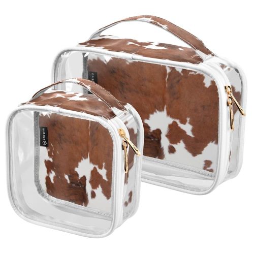 2 Pack Clear Makeup Bag, Brown Cow Calf Animal Fur Print Car Pouches For Organization Waterproof Travel Toiletry Bags For Women Girl