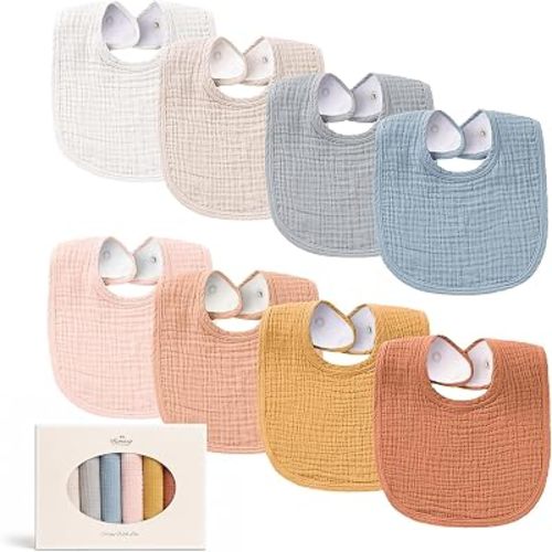 Konssy 8-Pack Muslin Baby Bibs, Adjustable Fit for Drooling and Teething