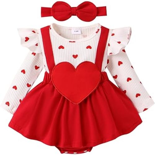 VISGOGO Toddler Baby Girl Valentines Day Romper Dress Ruffles Long Sleeve Heart Print Clothes Jumpsuit with Headband