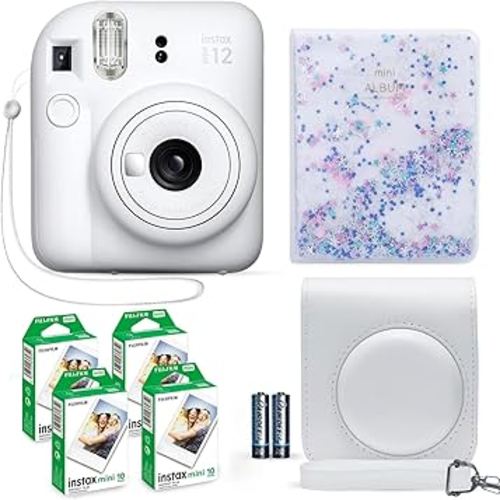 Fujifilm Instax Mini 12 Instant Camera Clay White + Fuji Film Value Pack (40 Sheets) + Shutter Accessories Bundle, Incl. Compatible Carrying Case, Quicksand Beads Photo Album 64 Pockets