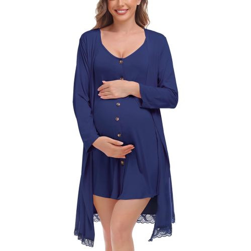 SWOMOG Womens Maternity Nursing Nightgown and Lace Robe Set 3 in 1 Labor Delivery Button Down Nursing Dress 2 Piece Sleepwear - Navy Blue - X-Large