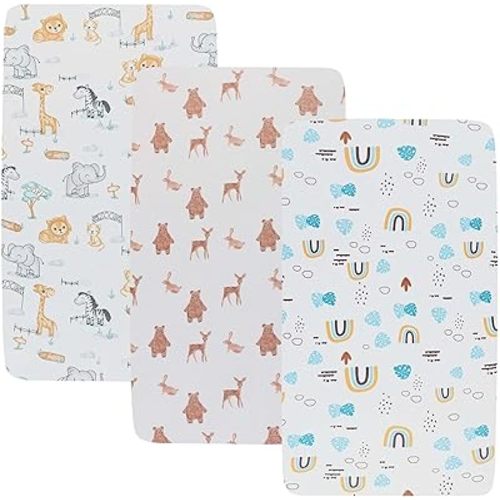 Onacosht Stretchy Bassinet Sheets 33" x 19" Compatible with Mika Micky, KoolaBaby (3 in 1), BabyBond, HARPPA and RICUTON Bedside Bassinet, 3 Pack for Baby Boy and Girl, Unisex Cute Animal Printing