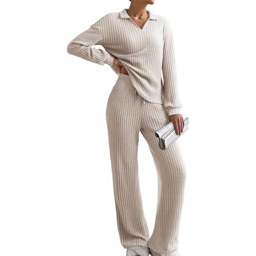 EVALESS Womens Pajama Sets Long Sleeve Sleepwear Matching Drawstring Elastic Pj Pants Ribbed Knit 2 Piece Lounge Set