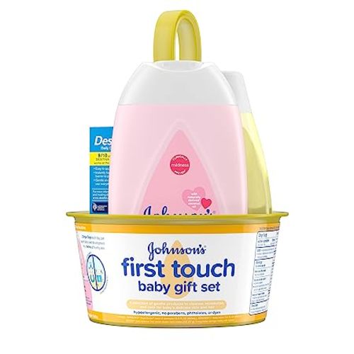 Johnson's First Touch Baby Gift Set, Baby Bath, Skin & Hair Essential Products, Kit for New Parents with Wash & Shampoo, Lotion, & Diaper Rash Cream, Hypoallergenic & Paraben-Free, 4 items - Small