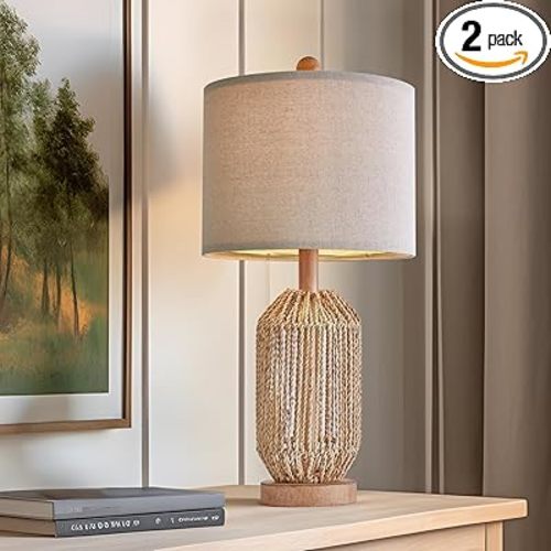 OYEARS 21" Boho Table Lamp for Living Room, Bedside Lamp for Nightstands, Rattan Lamp for Bedroom, Farmhouse Table Lamp for Room Decor, End Table, Retro, Brown, 1 Pack
