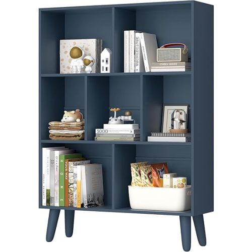 YAHARBO Blue Bookshelf,3 Tier Book Shelf with Legs, 7 Cube Minimalist Bookcase,Storage Organizer Shelves Display Bookcases for Bedroom,Living Room