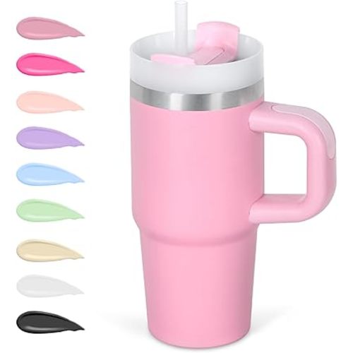 Cosictic 14 Oz Tumbler with Handle and Straw for Kids, Stainless Steel Double Wall Vacuum Insulated Cup for Children, 14 Oz Cups for Kids (Pink)