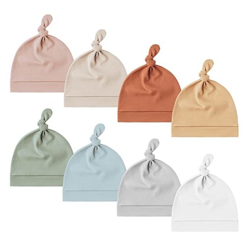 Konssy 8 Pack Baby Newborn Hats Set Knot Beanie Hats Soft for Infant Baby Girls Boys Caps 0-6 Months - Pink,beige,orange,yellow,green,blue,gray,white