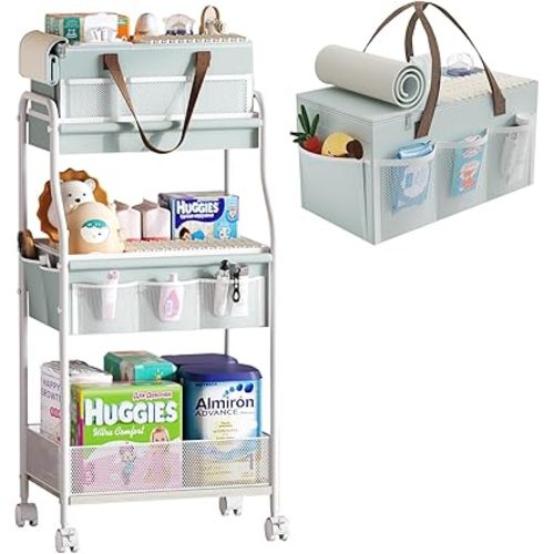 2 In1 Baby Diaper Caddy Organizer & Storage Cart, 3-Tier Rolling Diaper Organizers with Dividers and 12 Pockets，Durable Metal Utility Cart for Nursery, Bedroom,Baby Essentials Organization-Tidal Teal