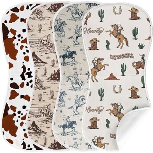4 Pack Western Cowboy Baby Burp Cloths Soft Absorbent Spit up Rags Cow Print Burp Cloths Burping Rag for Boy Newborn Gifts Western Nursery Decor, 19 x 9 Inches