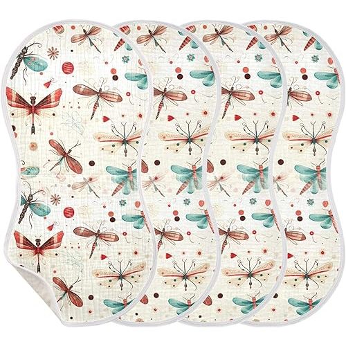 Muslin Burp Cloth for Baby 4PCS Dragonfly Pattern Super Absorbent Burping Cloths, Bibs for Newborn Boys Girls