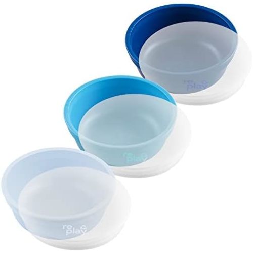 Re-Play Made in USA 12 Oz. Reusable Plastic Bowls, Pack of 3 With 3 Lids - Dishwasher and Microwave Safe Bowls with Lids for Everyday Dining - Toddler Bowl Set 5.75" x 5.75" x 2", Bluesy
