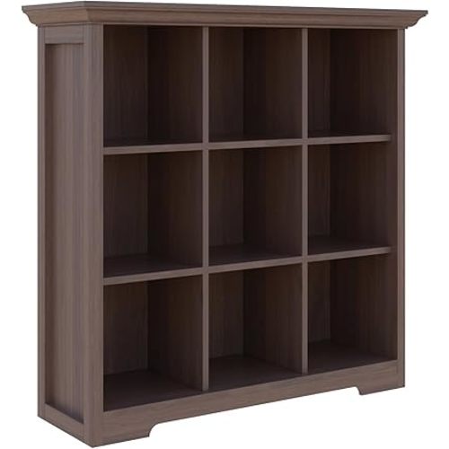 Cube Shelf Bookcase with Base - Wooden 3 Tiers Floor Standing Low Storage Cabinet for Home and Office, 9-Cube Lattice Bookshelf, Walnut