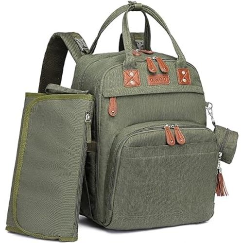 Diaper Bag Backpack, Green, with Changing Pad, 16.5x8x12 inches, Large Capacity, 18 Pockets, Waterproof, for Baby Girl Boy