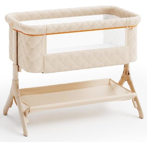 Pamo babe Bedside Bassinet for Baby, 3-in-1 Foldable Travel Bassinet with Wheels, Portable Baby Bassinet Adjustable Height, Storage Bag, Baby Bedside Sleeper Ideal Gift for Newborn Parents (Beige)