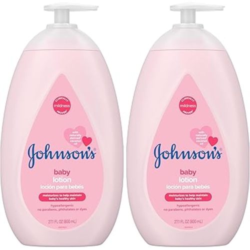 Johnson's Moisturizing Mild Pink Baby Lotion with Coconut Oil for Delicate Baby Skin, Paraben-, Phthalate- & Dye-Free, Hypoallergenic & Dermatologist-Tested, Baby Skin Care, 27.1 Fl. Oz (Pack of 2)