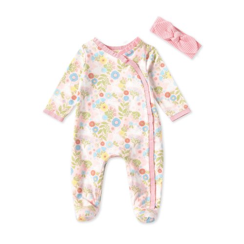 Mud Pie Baby Girls Newborn-9 Months Long-Sleeve Floral/Bunny-Printed Footed Coverall