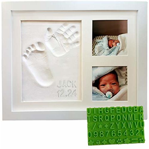 Baby Handprint & Footprint Keepsake Photo Frame Kit - Personzalize it w/ Free Stencil! Non-Toxic Clay, Wall/Table Wood Picture Frame. Perfect Registry, Baby Shower, New Mom, Birthday & Newborn Gift!