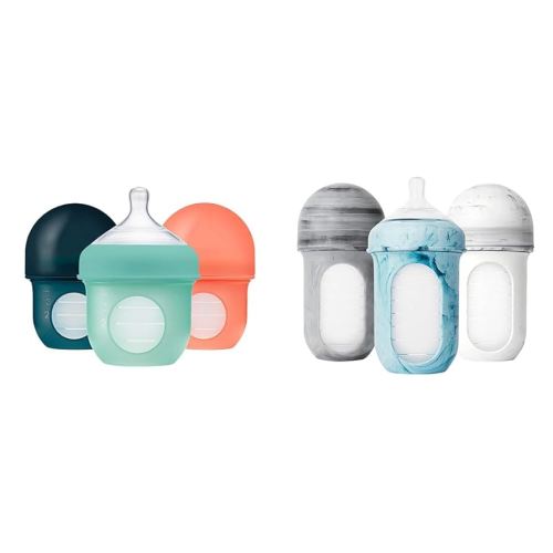 Boon Nursh Reusable Silicone Baby Bottles with Collapsible Pouch - Stage 1 Slow & Stage 2 Medium Flow - Mint & Tie Dye - 3 Count Each