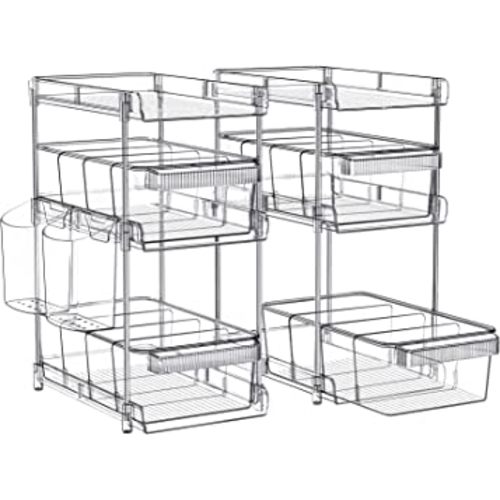Clear Bathroom Organizers 2 Sets 3 Tier, Stackable Under Kitchen Sink Organizers and Storage with 12 Dividers, acrylic pantry organizers shelf, Multi Purpose Pull Out Home Organizer with 2 Cups