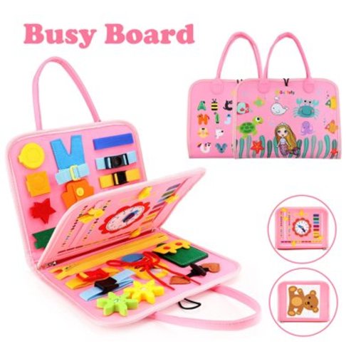 Pink Montessori Sensory Board Preschool Learning Toys for Toddlers, Educational Activity Developing Busy Board Toys for Basic Dress Fine Motor Skills