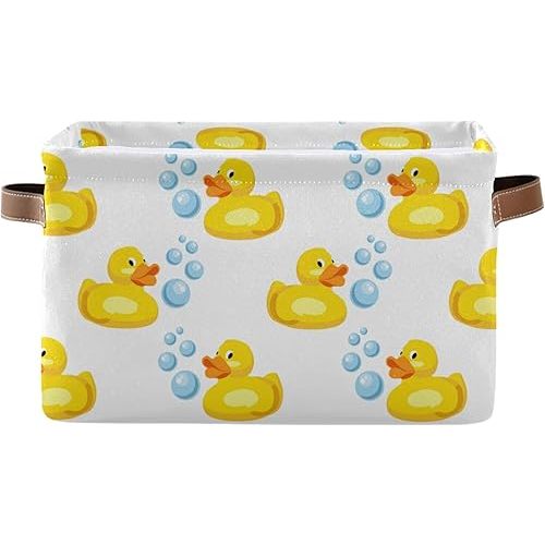 Rectangular Storage Basket Storage Bin - Yellow Rubber Ducks Collapsible Storage Box with Leather Handles Canvas Nursery Boxes Organizer for Shelves/Gift Baskets/Toy Organizer/Baby Room Decor