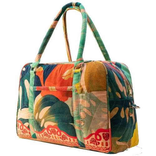 Powder Exotic Leaves Luxe Diaper Bag - Beige/Red/Green