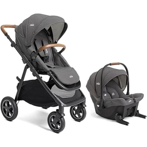 Hazel Height Adjustable Stroller – Travel-Friendly Stroller with Height Adjustable Seat, Multi-Position Recline + Joie Mint Latch Base-Free Infant Car Seat – Travel System (Thunder)