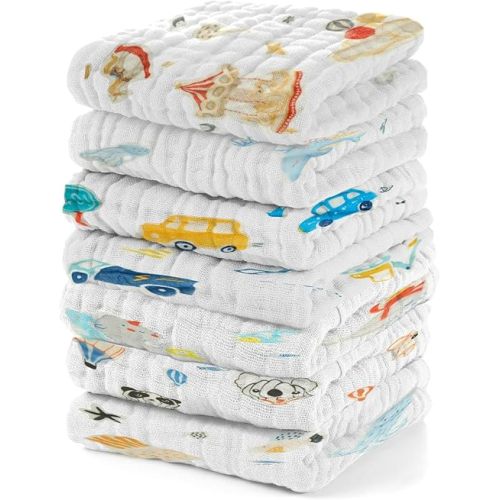 Muslin Baby Washcloths Baby Wipes Newborn Pack of 7-Car Patten, Absorbent Baby Bath and Face Towels for Newborn,100% Cotton,Burp Cloths,Feeding Towels for Babies and Infants,Reusable-10x10