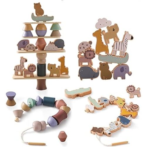 Wooden Animals Threading Toys Lacing Beads for Toddlers 2 3 4 5 Years Old, Stacking Blocks Balance Toy, Educational Preschool Learning Toy, Montessori Activities for Boys & Girls