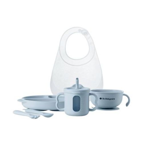 Bc Babycare Baby Toddler Silicone Feeding Set 6 pc Self Feeding Utensils with Plate Bowl Cup Bib Spoon Fork Blue