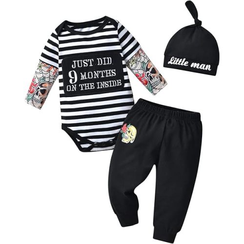 KuKitty Newborn Infant Baby Boy Clothes Long Sleeve Romper + Pants + Hat 3PCS Outfits Set