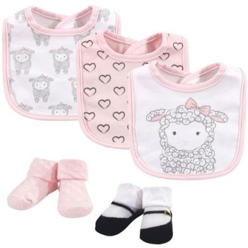 Hudson Baby Infant Girl Cotton Bib and Sock Set 5pk, Little Lamb, One Size
