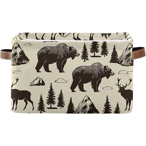 Aslsiy Storage Vintage Deer Bear Moose Nursery Bins National Park Baby Box Canvas Clothes Shelf Basket Laundry Hamper Gift for Home Closet 2 Pcs