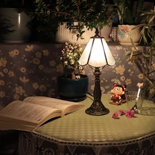 Small Tiffany Style Table Lamp White Bark Stained Glass Lamp 14 Inch