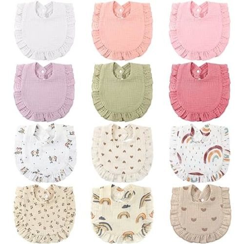 Geyoga 12 Pcs Baby Muslin Bibs Unisex Drool Teething Bibs, Adjustable Drool Bibs Feeding Cloth Baby Bibs for Baby Infants