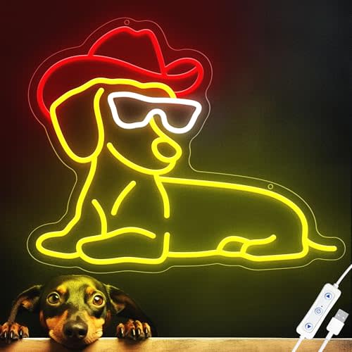 ZLOOREE Dachshund Neon Signs for Wall Decor, Dimmable Cute Dog Neon Sign with Cowboy Hat Led Signs for Bedroom Home Party Pet Shop Decor, Birthday Christmas Gifts for Friends Kids Dog Lovers