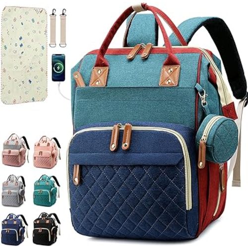 Diaper Bag Backpack Baby Bag, Baby Girl Boy Diaper Bag for Dad Mom with Pad, 16 Pockets, Pacifier Case, Large Diaper Bags Unisex for Travel (Colorful)